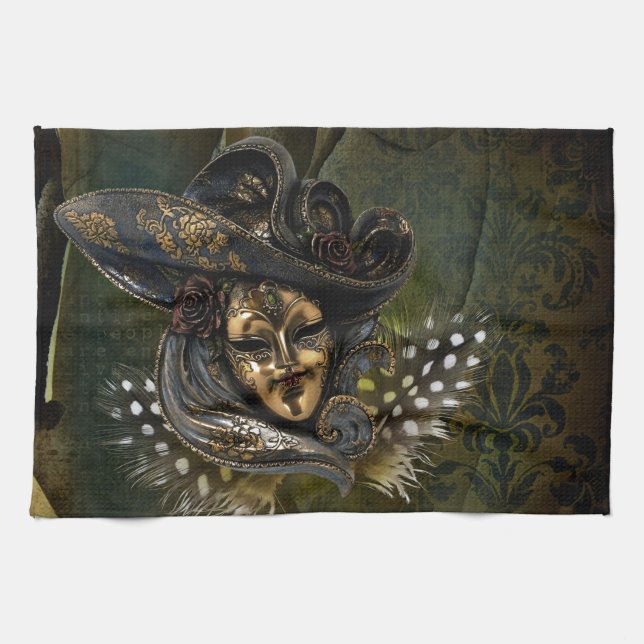 Carnival Mask-Green Damask Kitchen Towel (Horizontal)