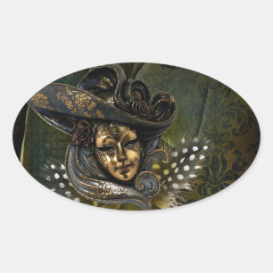 Carnival Mask-Green Damask Oval Sticker