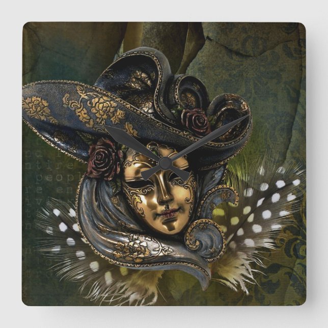 Carnival Mask-Green Damask Square Wall Clock (Front)