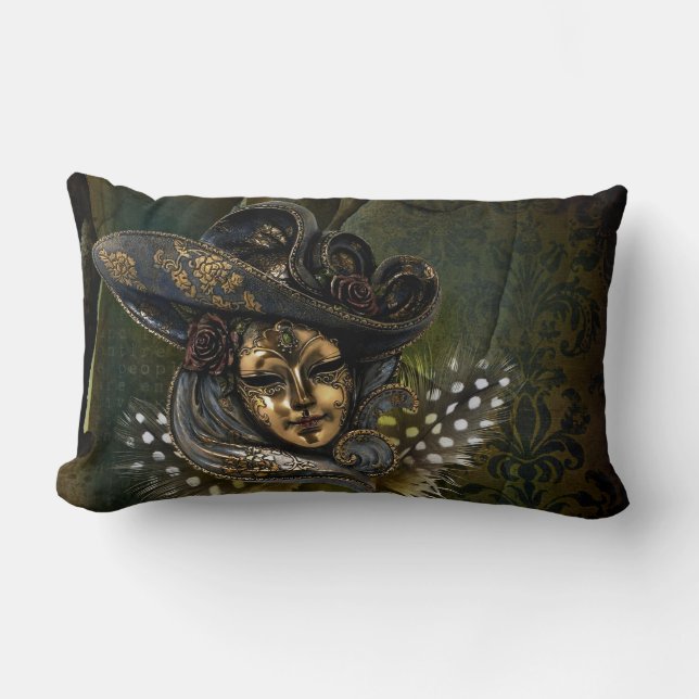 Carnival Mask-Green Damask Throw Pillow (Front)
