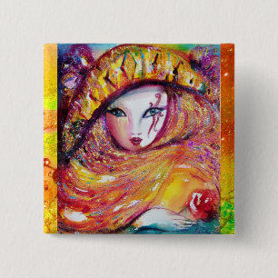 CARNIVAL MASK IN GOLD YELLOW WITH RED ROSE 2 INCH SQUARE BUTTON