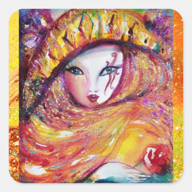 CARNIVAL MASK IN GOLD YELLOW WITH RED ROSE SQUARE STICKER (Front)