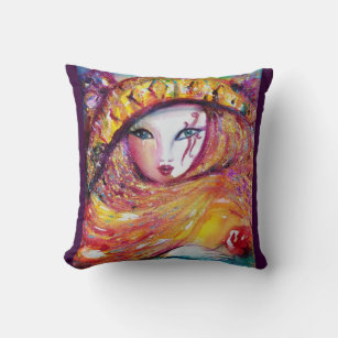 CARNIVAL MASK IN GOLD YELLOW WITH RED ROSE THROW PILLOW