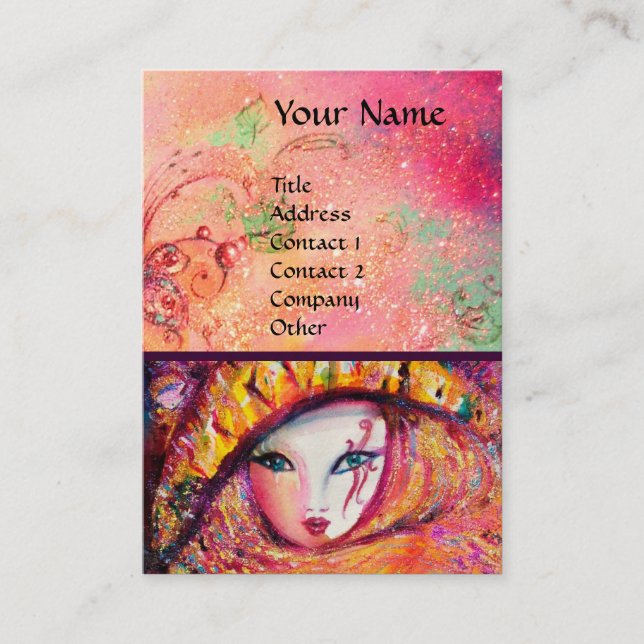 CARNIVAL MASK IN YELLOW WITH RED ROSE BUSINESS CARD (Front)