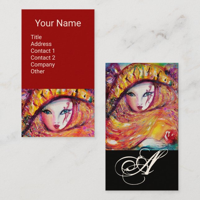 CARNIVAL MASK IN YELLOW WITH RED ROSE MONOGRAM BUSINESS CARD (Front/Back)