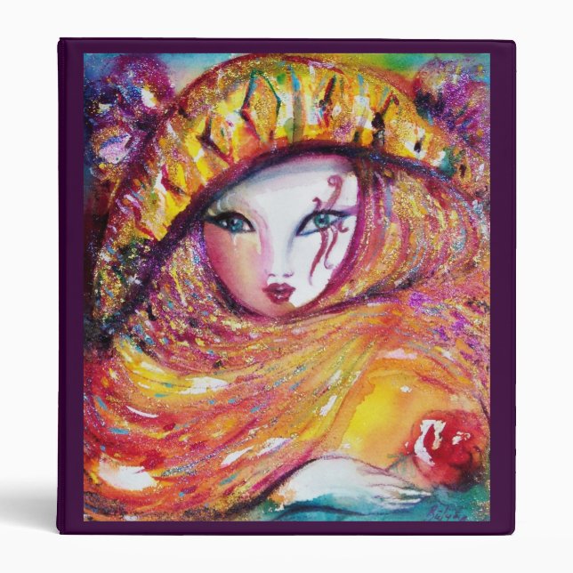 CARNIVAL MASK IN YELLOW WITH RED ROSE ,purple Binder (Front)