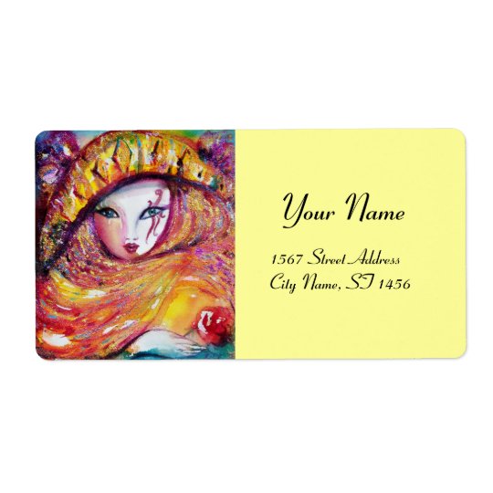 CARNIVAL MASK IN YELLOW WITH RED ROSE SHIPPING LABEL