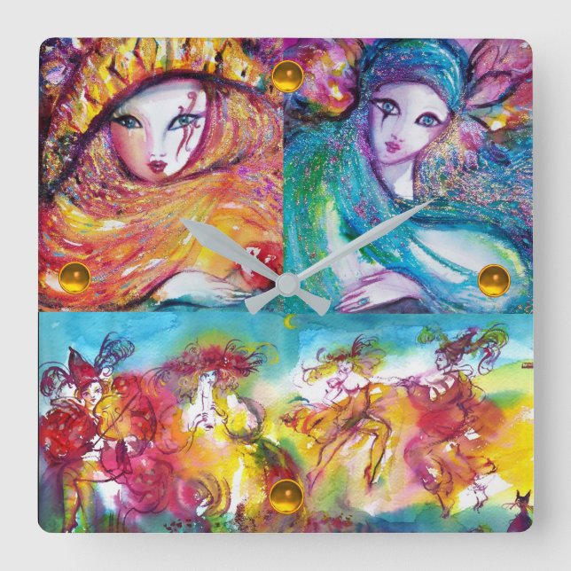 CARNIVAL NIGHT Masquerade Masks ,Dance and Music Square Wall Clock (Front)