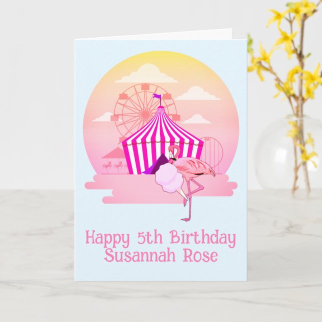 Carnival of Fun Flamingo Kids 5th Birthday Card (Yellow Flower)