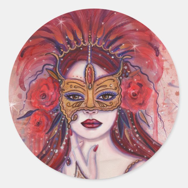Carnival red fantasy woman in mask by Renee Lavoie Classic Round Sticker (Front)