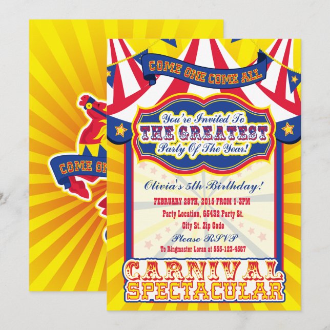 Carnival Spectacular Birthday Invitations (Front/Back)
