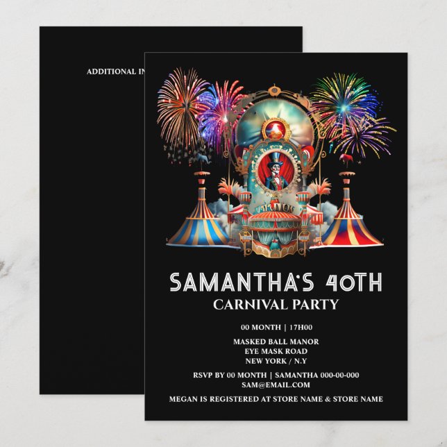 Carnival tent ringmaster night fireworks festival  invitation (Front/Back)