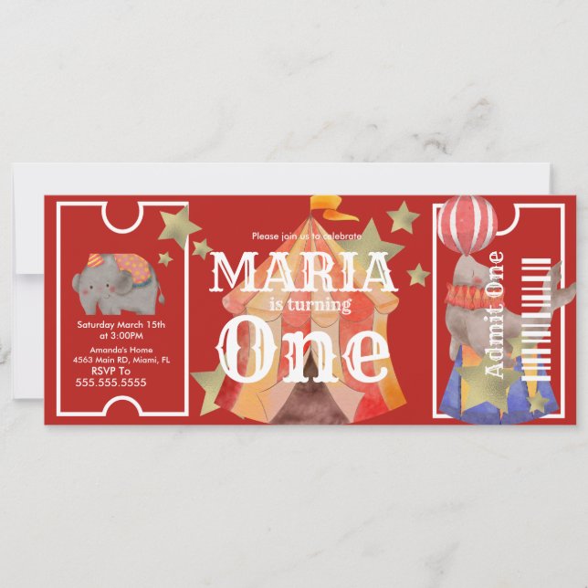 Carnival Watercolor Circus Birthday Ticket Party   Invitation (Front)