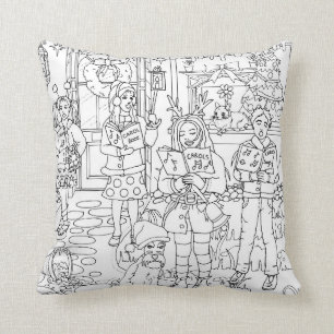 Carol singers and schnauzer dog, Christmas holiday Throw Pillow