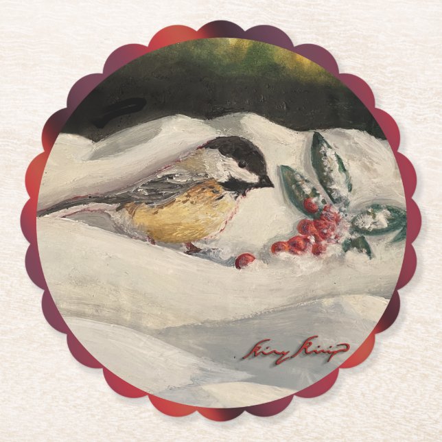 Carol the Chick-a-Dee with Mistletoe  Paper Coaster (Front)