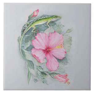 Carolina Anole & Hibiscus Ceramic Tile