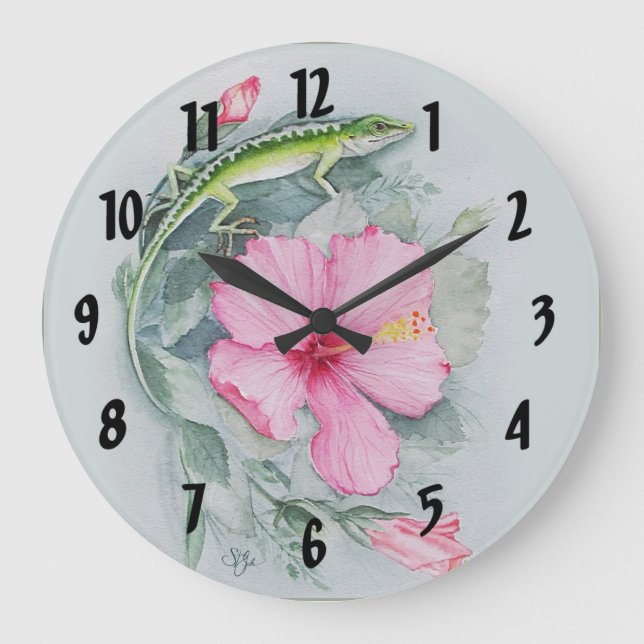 Carolina Anole & Hibiscus Large Clock (Front)