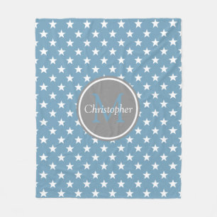 Carolina Blue and Dove Grey Stars Monogram Fleece Blanket