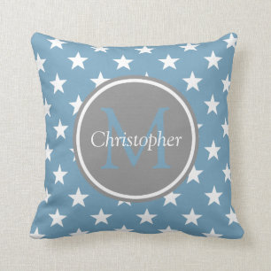 Carolina Blue and Dove Grey Stars Monogram Throw Pillow