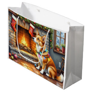Carolina Dog Fireplace with Christmas Lights Large Gift Bag