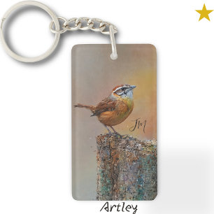 Carolina Wren Bird Painting Custom Initial Birder Keychain