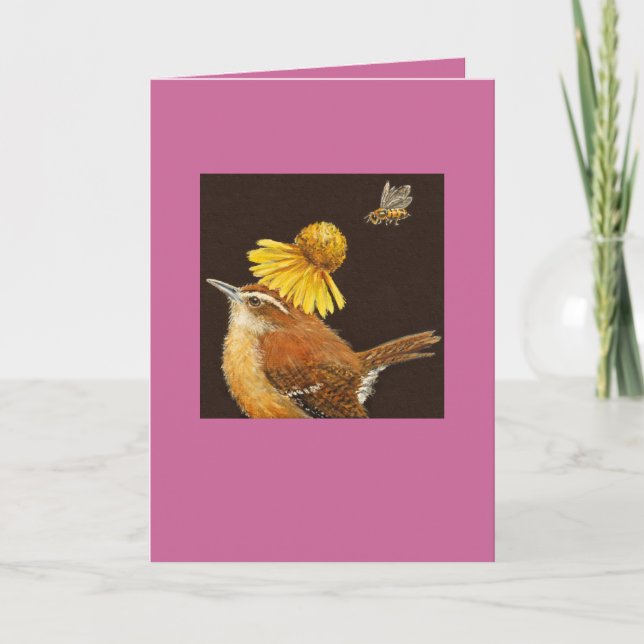 Carolina wren card with bee and flower (Front)