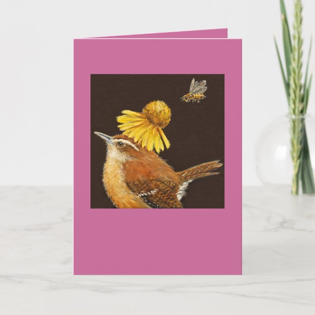 Carolina wren card with bee and flower (Front)