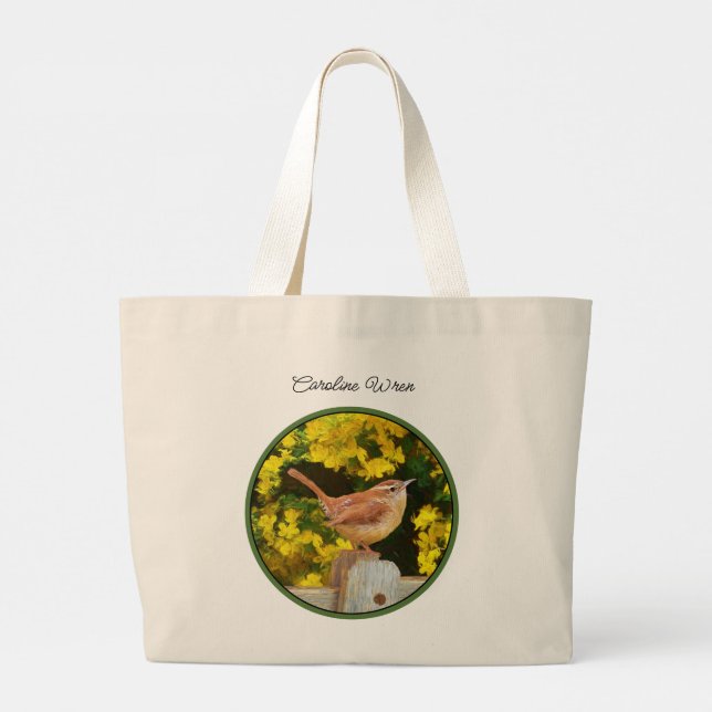 Carolina Wren on Fence Painting Original Bird Art Large Tote Bag (Back)