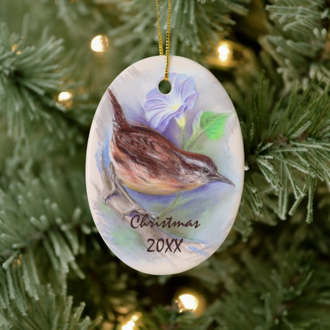 Carolina Wren with Morning Glory Flowers Holiday Ceramic Ornament (Tree)
