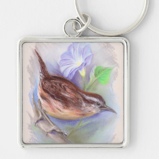 Carolina Wren with Morning Glory Flowers Keychain