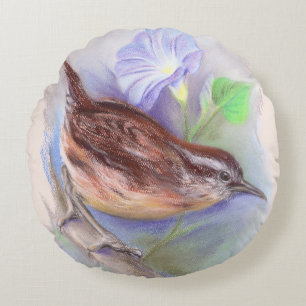 Carolina Wren with Morning Glory Flowers Round Pillow