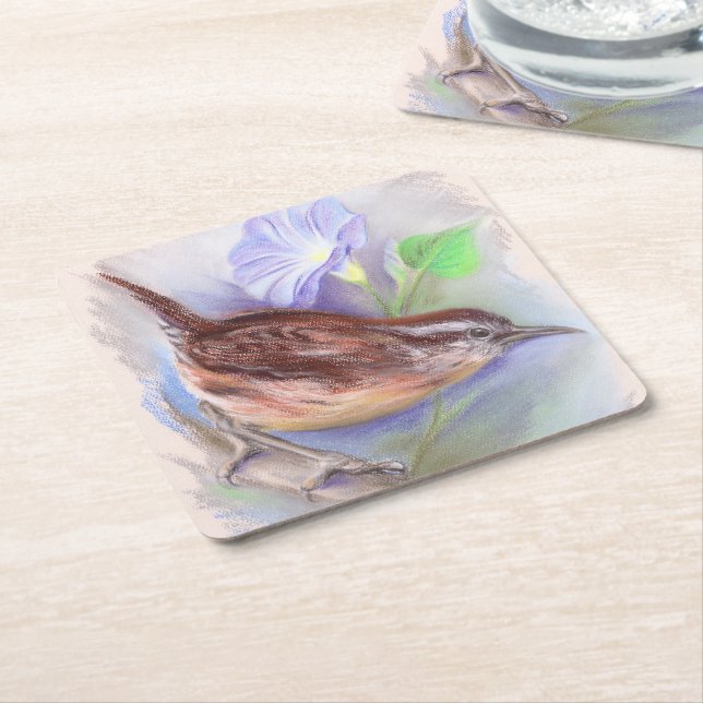 Carolina Wren with Morning Glory Flowers Square Paper Coaster (Angled)