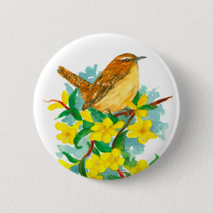 Carolina Yellow Jessamine Flowers Wren Bird 2 Inch Round Button