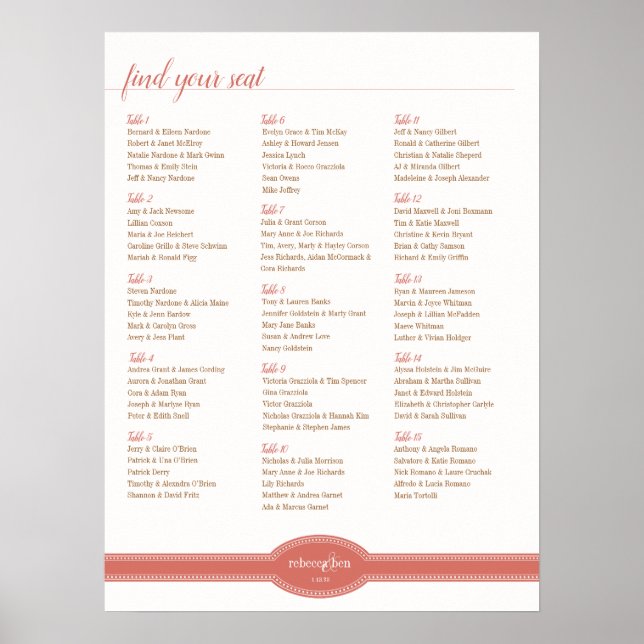 Caroline Seating Chart for Wedding, Coral (Front)