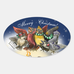 Caroling Birds Christmas Oval Sticker