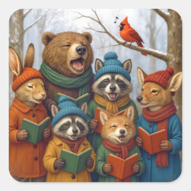 Caroling Christmas Forest Animals  Square Sticker (Front)