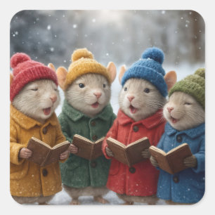 Caroling Christmas Mice In Snow Square Sticker