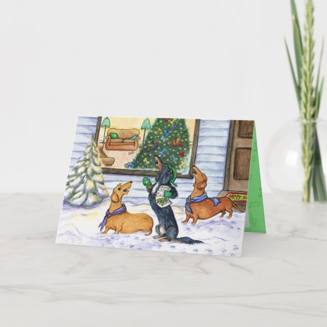 Caroling Dachshund Carte de Noël (Devant)