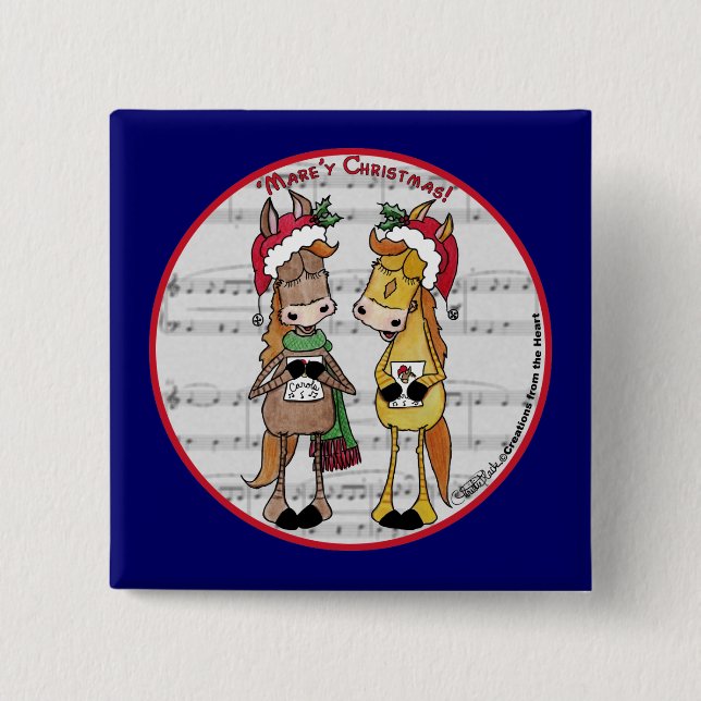 Caroling Horses- 'Mare'y Christmas 2 Inch Square Button (Front)