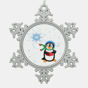 Caroling Penguin Girl Snowflake Pewter Christmas Ornament