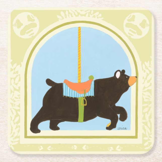 Carousel Bear by June Erica Vess Square Paper Coaster (Front)