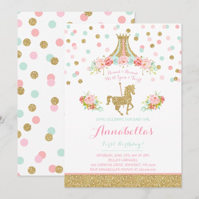 Carousel Birthday Invitation Floral Pink Mint Gold (Front/Back)