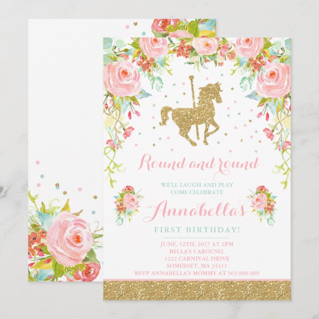 Carousel Birthday Invitation Floral Pink Mint Gold (Front/Back)