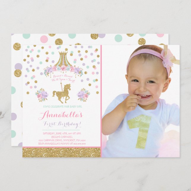 Carousel Birthday Invitation Floral Pink Mint Gold (Front/Back)