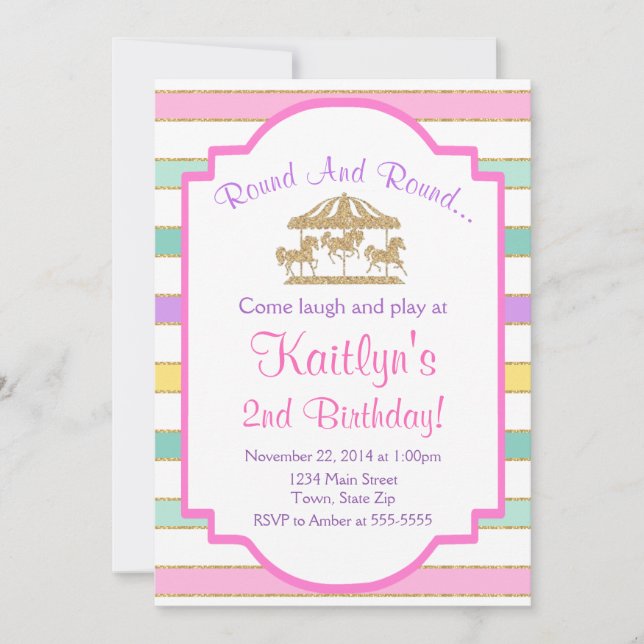 Carousel Birthday Invitation Girl Pink Glitter (Front)