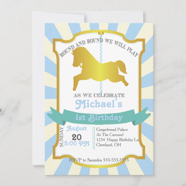 Carousel Birthday Party Invitation (Blue) (Front)