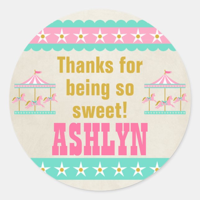 Carousel Birthday Party Personalized Classic Round Sticker (Front)