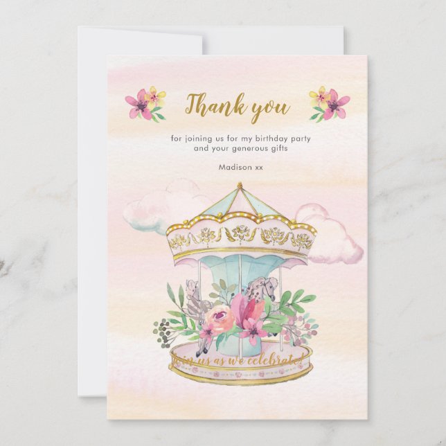 Carousel Birthday thank you note card (Front)