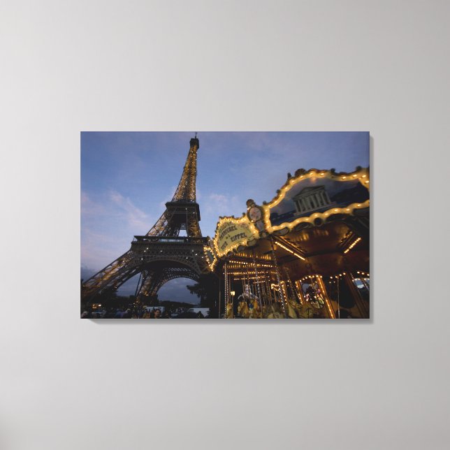 Carousel by the Eiffel Tower in the evening, Canvas Print (Front)