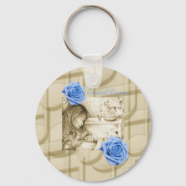 Carousel Dreams Blue Rose Vintage Button Keychain (Front)